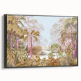 Framed canvas wall art depicting a vibrant rainforest landscape with lush greenery and a serene atmosphere, showcased from a black side view for elegance.
