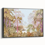 Framed canvas wall art depicting a vibrant rainforest landscape with lush greenery and a serene atmosphere, showcased from a black side view for elegance.