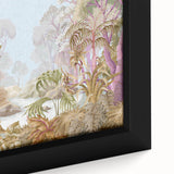 Framed canvas artwork depicting a vibrant rainforest landscape, showcasing lush green foliage and colorful flora, ideal for nature-themed interior decor.