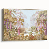 Framed canvas wall art depicting a vibrant rainforest landscape design with rich greens and gold accents, ideal for enhancing home decor with a nature-themed aesthetic.