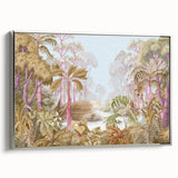 Framed canvas wall art showcasing a vibrant rainforest landscape design with lush greenery and intricate details, featuring a sleek silver frame for an elegant touch.