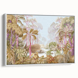 Framed canvas wall art depicting a vibrant rainforest landscape with lush greenery and a serene atmosphere, showcasing intricate details and vivid colors, ideal for home decor.