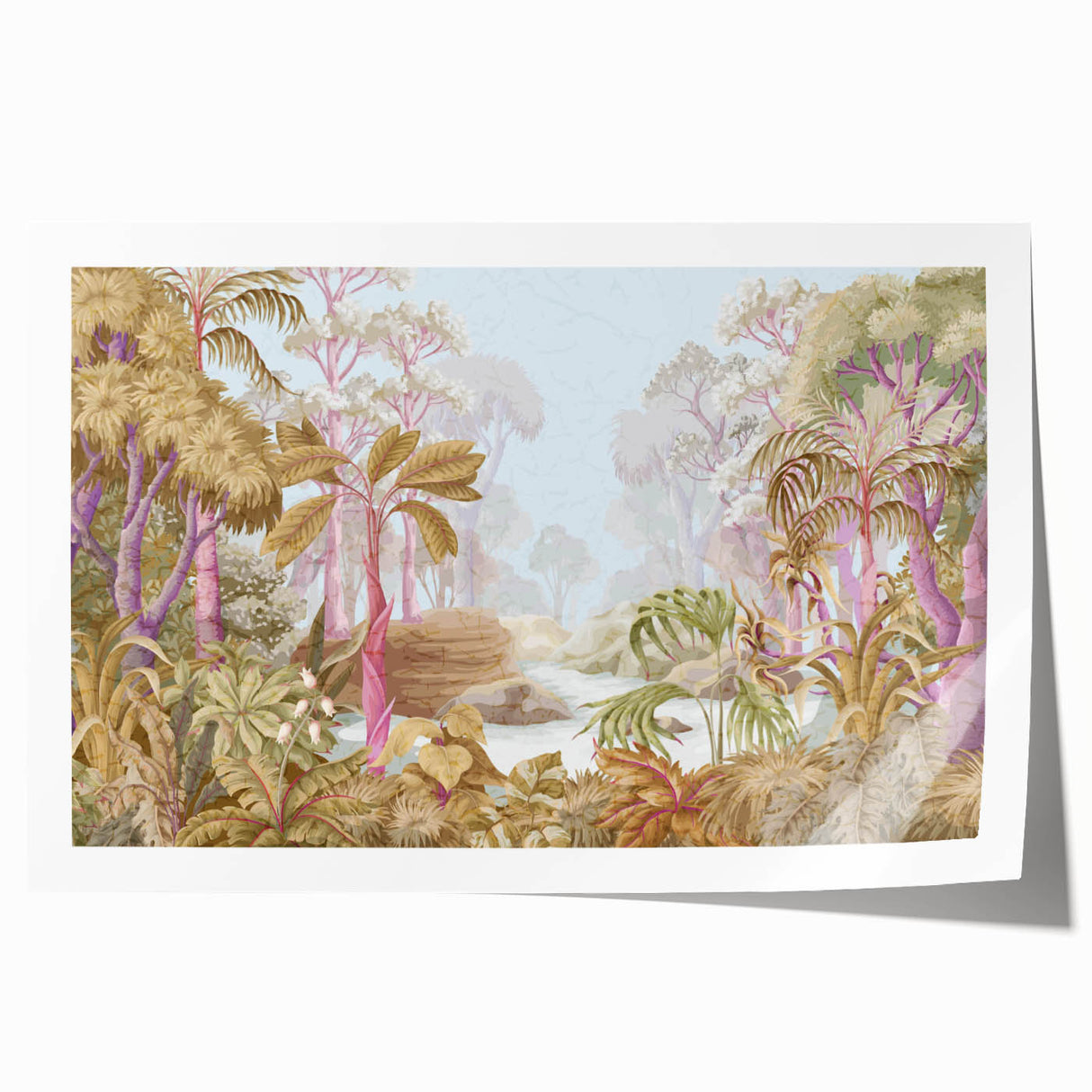 Lush rainforest landscape wall art print showcasing vibrant greens and earthy tones, rolled for easy transport, ideal for enhancing home decor with nature-inspired aesthetics.