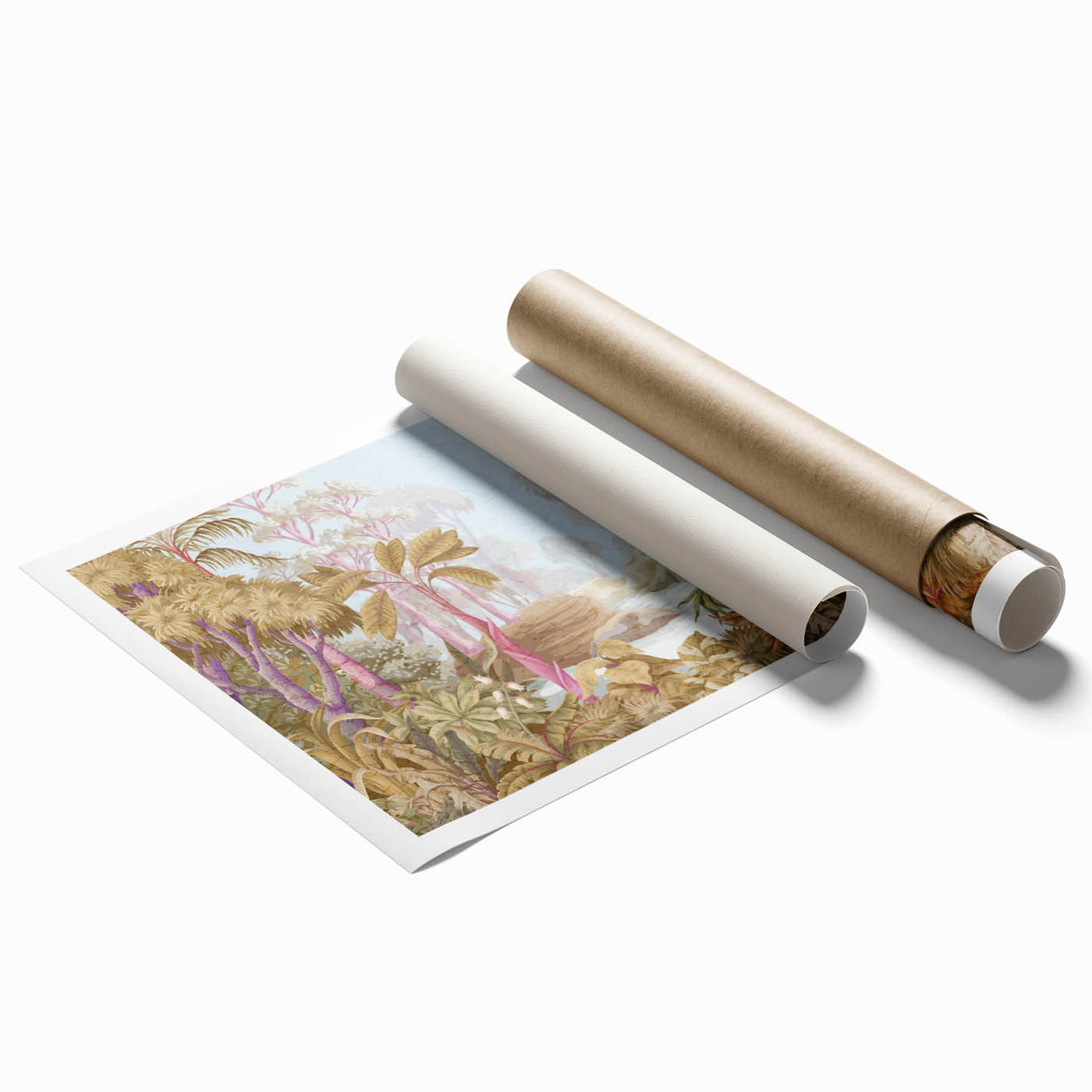 Vibrant rainforest landscape wall art print showcasing lush greenery and exotic flora, rolled and ready for framing, ideal for enhancing home decor.