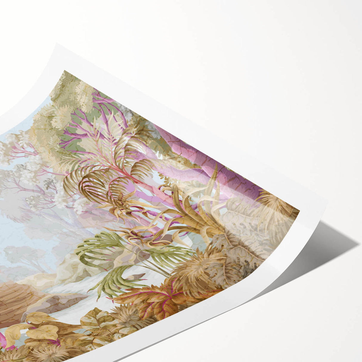 Vibrant rainforest landscape wall art print showcasing lush greenery and exotic flora, rolled and ready for framing, perfect for nature-themed decor.