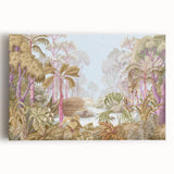 Stretched canvas wall art showcasing a vibrant rainforest landscape in rich greens and blues, ideal for adding a tropical touch to home decor.