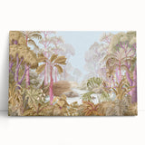 Stretched canvas wall art featuring a vibrant rainforest landscape design, showcasing rich greens and earthy tones, ideal for home decor and nature enthusiasts.