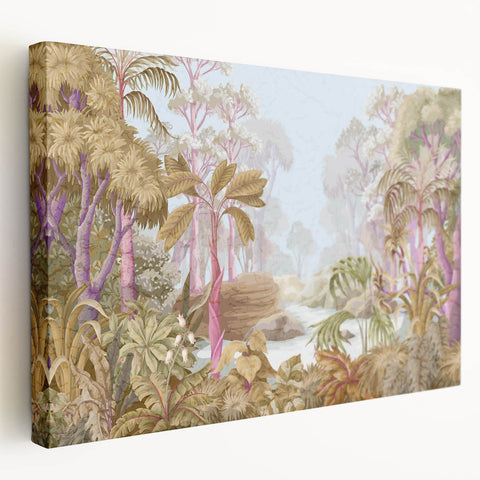 Stretched canvas showcasing a vibrant rainforest landscape design with lush green foliage and colorful flora, perfect for enhancing home decor with a nature theme.