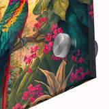 Close-up of vibrant rainforest wall art design featuring lush green foliage and intricate details, printed on acrylic glass for a stunning display. Perfect for nature lovers and home decor enthusiasts.