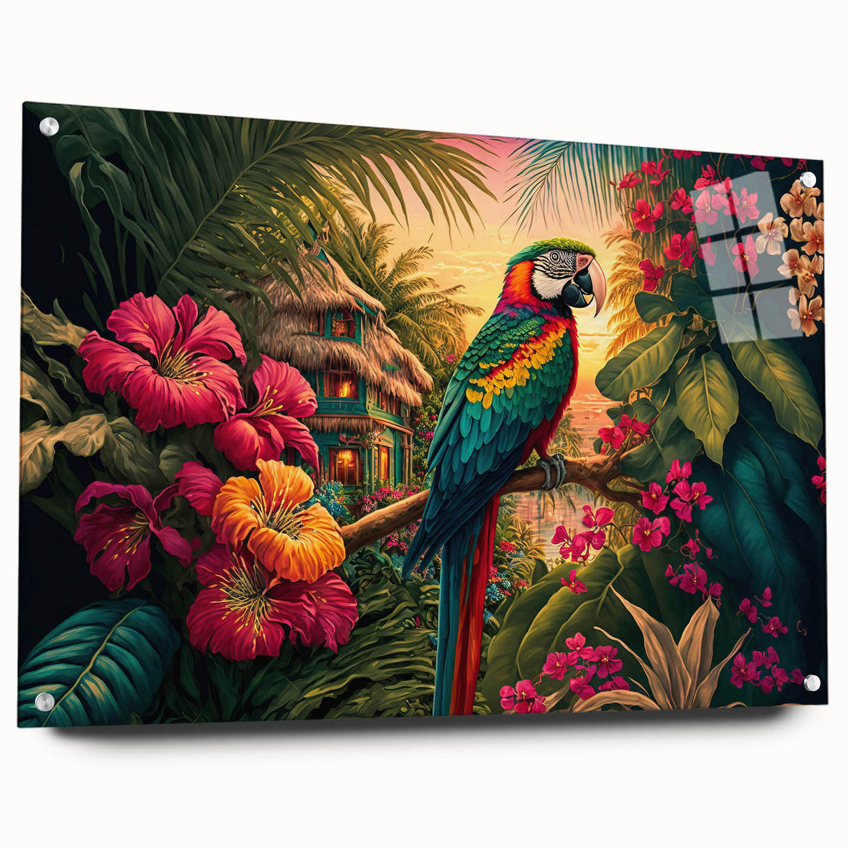 Acrylic glass wall art showcasing a vibrant rainforest landscape design, elegantly displayed from the side with decorative pins, ideal for nature-themed decor.