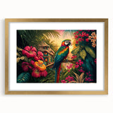 Framed wall art featuring a vibrant rainforest landscape design, elegantly matted with a gold frame, perfect for adding a touch of nature-inspired decor to any space.