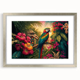 Framed rainforest landscape wall art featuring vibrant greenery and intricate details, presented in a silver frame with a white mat, perfect for enhancing any room's decor.