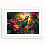 Framed wall art featuring a vibrant rainforest landscape design with lush greenery, displayed in a sleek white frame, ideal for home decor enhancement.