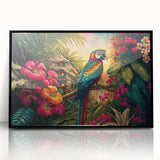 Framed acrylic wall art featuring a vibrant rainforest landscape design with lush greenery and rich colors, showcased in a sleek black frame, perfect for nature enthusiasts.