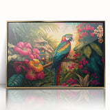 Framed acrylic wall art showcasing a vibrant rainforest landscape design with rich green tones and gold accents, perfect for enhancing modern home decor.