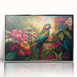 Framed acrylic wall art showcasing a vibrant rainforest landscape design, featuring lush greenery and intricate details, set in a sleek silver frame for modern decor.