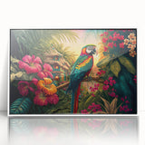 Framed acrylic wall art showcasing a vibrant rainforest landscape design with lush greenery and colorful flora, set against a sleek white frame for modern decor.