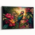 Framed canvas wall art showcasing a vibrant rainforest landscape design with rich green foliage and earthy tones, viewed from the side against a neutral background. Perfect for nature-themed decor.