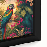 Close-up of a vibrant, framed rainforest landscape wall art piece showcasing lush green foliage and intricate details, perfect for adding a natural touch to home decor.