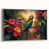 Framed canvas wall art featuring a vibrant rainforest landscape design with rich greens and gold accents, showcased from a side view to highlight its depth and texture. Perfect for nature enthusiasts.