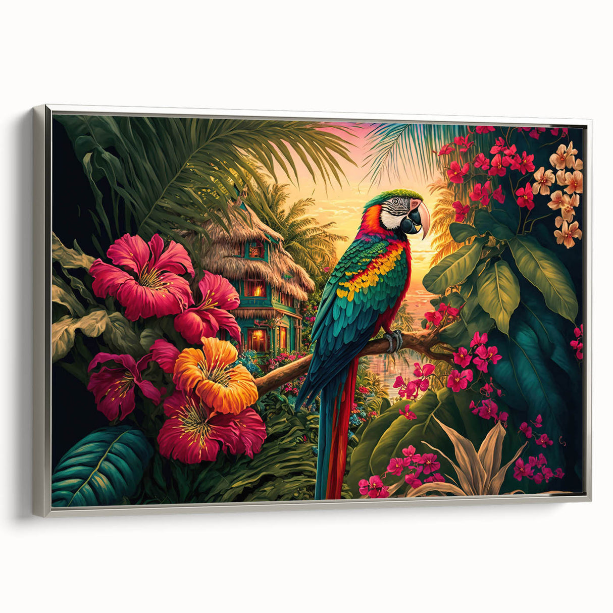 Framed canvas wall art depicting a vibrant rainforest landscape with lush greenery, showcasing intricate details and a silver frame, perfect for home decor.