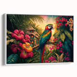 Framed canvas wall art showcasing a vibrant rainforest landscape design with rich green foliage and serene nature elements, displayed from a side view.