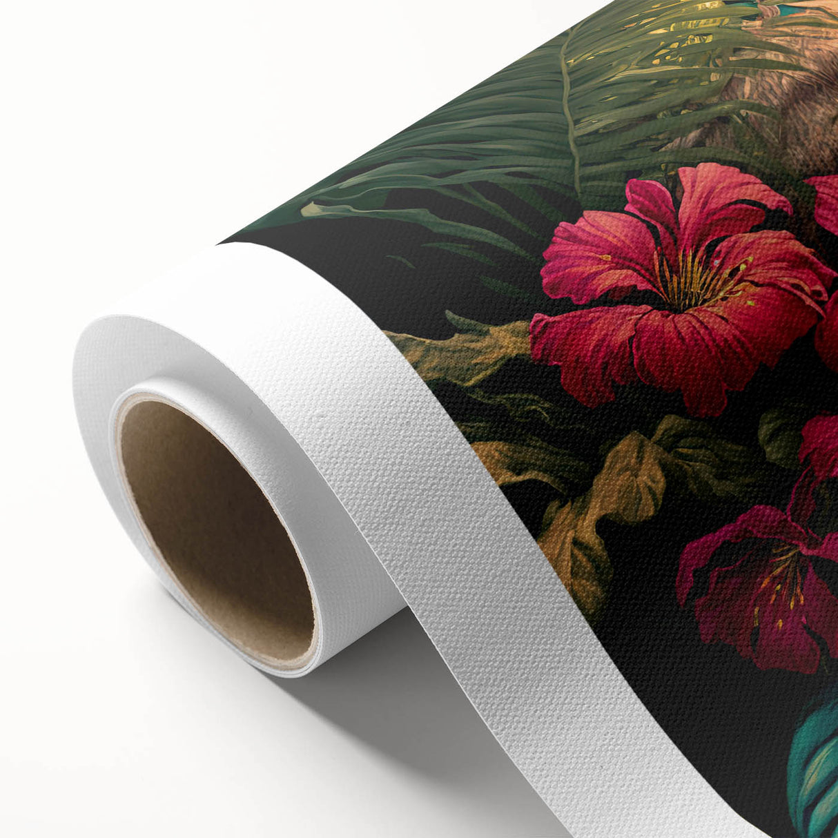 Vibrant rolled canvas showcasing a lush rainforest landscape design, featuring rich greens and intricate details, perfect for enhancing home decor.