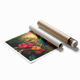 Vibrant rainforest landscape wall art print showcasing lush greenery and diverse flora, elegantly rolled and ready for framing, perfect for home decor enthusiasts.