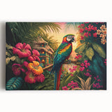 Stretched canvas wall art featuring a vibrant rainforest landscape design, showcasing lush green foliage and colorful tropical plants, ideal for enhancing home decor.