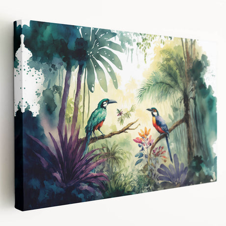 Stretched canvas showcasing a vibrant rainforest landscape design with rich greens and blues, perfect for enhancing home decor in nature-themed spaces.