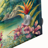 Vibrant rainforest landscape wall art print featuring lush green foliage and vivid colors, designed with acrylic glass for a stunning visual effect. Perfect for nature-themed decor.