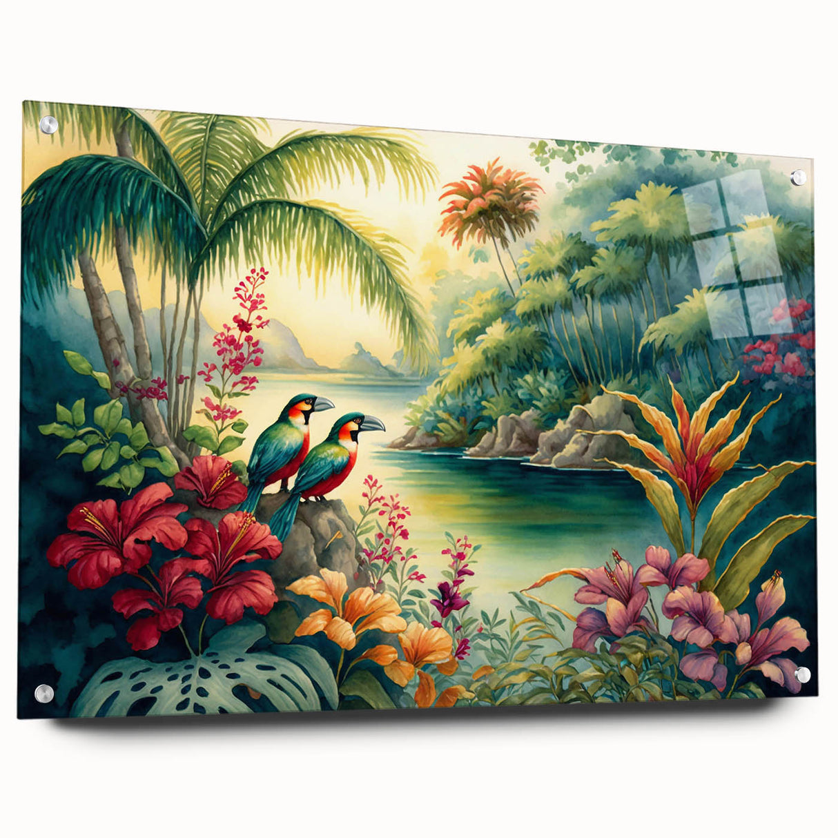 Acrylic glass wall art piece showcasing a vibrant rainforest landscape with rich greenery and intricate details, displayed with pins for a modern aesthetic.