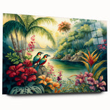 Vibrant rainforest landscape wall art design displayed in acrylic glass, showcasing lush greenery and intricate details, ideal for nature-themed decor.