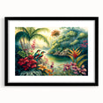 Framed rainforest-themed wall art collection featuring vibrant greenery and colorful wildlife, set in a sleek black frame with a white mat. Perfect for nature lovers.