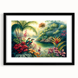 Framed rainforest-themed wall art collection featuring vibrant greenery and colorful wildlife, set in a sleek black frame with a white mat. Perfect for nature lovers.