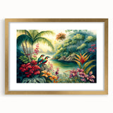 Framed rainforest wall art print showcasing vibrant green foliage and intricate details, accented with a gold mat, perfect for enhancing modern decor.