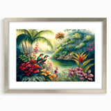 Framed rainforest landscape wall art collection with a silver mat, showcasing vibrant green foliage and serene natural scenery, perfect for home decor.
