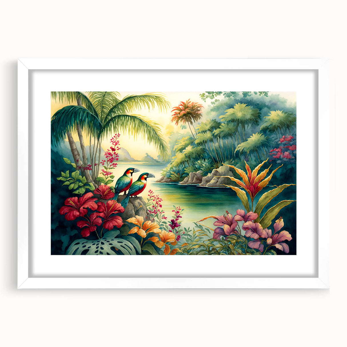 Framed rainforest landscape wall art design showcasing vibrant green foliage and tropical elements, elegantly displayed with a white mat, adding a modern touch to home decor.
