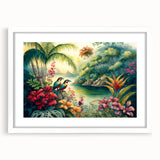 Framed rainforest landscape wall art design showcasing vibrant green foliage and tropical elements, elegantly displayed with a white mat, adding a modern touch to home decor.