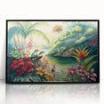 Framed acrylic wall art showcasing a vibrant rainforest landscape with lush greenery and colorful flora, presented in a sleek black frame, ideal for home decor.