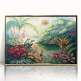 Framed acrylic wall art featuring a vibrant rainforest landscape design with gold accents, showcasing lush greenery and intricate details, perfect for home decor.