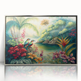 Framed wall art print showcasing a vibrant rainforest design in rich greens and blues, featuring intricate details and a sleek silver frame, ideal for home decor.