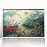 Framed acrylic wall art featuring a vibrant rainforest landscape design, showcasing lush greenery and tropical colors, perfect for home decor.