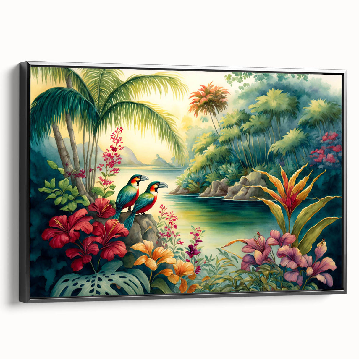 Framed canvas artwork showcasing a vibrant rainforest landscape, featuring lush greenery and vivid colors, with a sleek black frame enhancing its aesthetic appeal.
