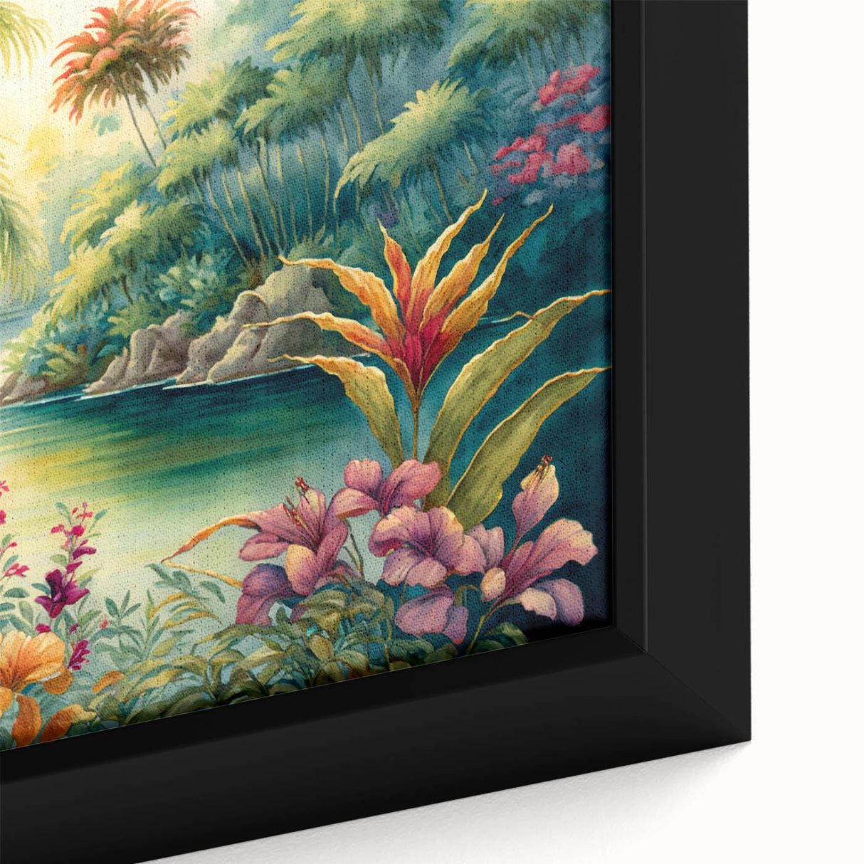 Framed canvas wall art showcasing a vibrant rainforest landscape design, featuring rich greens and intricate details, perfect for nature-themed decor.