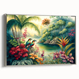 Framed canvas wall art showcasing a vibrant rainforest landscape design with lush greenery and a silver frame, perfect for home decor accents.