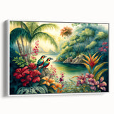 Framed canvas artwork showcasing a vibrant rainforest landscape design, featuring lush greenery and rich colors, ideal for enhancing home decor and creating a serene atmosphere.