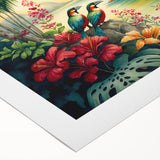 Vibrant rainforest landscape wall art on rolled canvas, showcasing lush greenery and colorful wildlife, perfect for adding a natural touch to home decor.