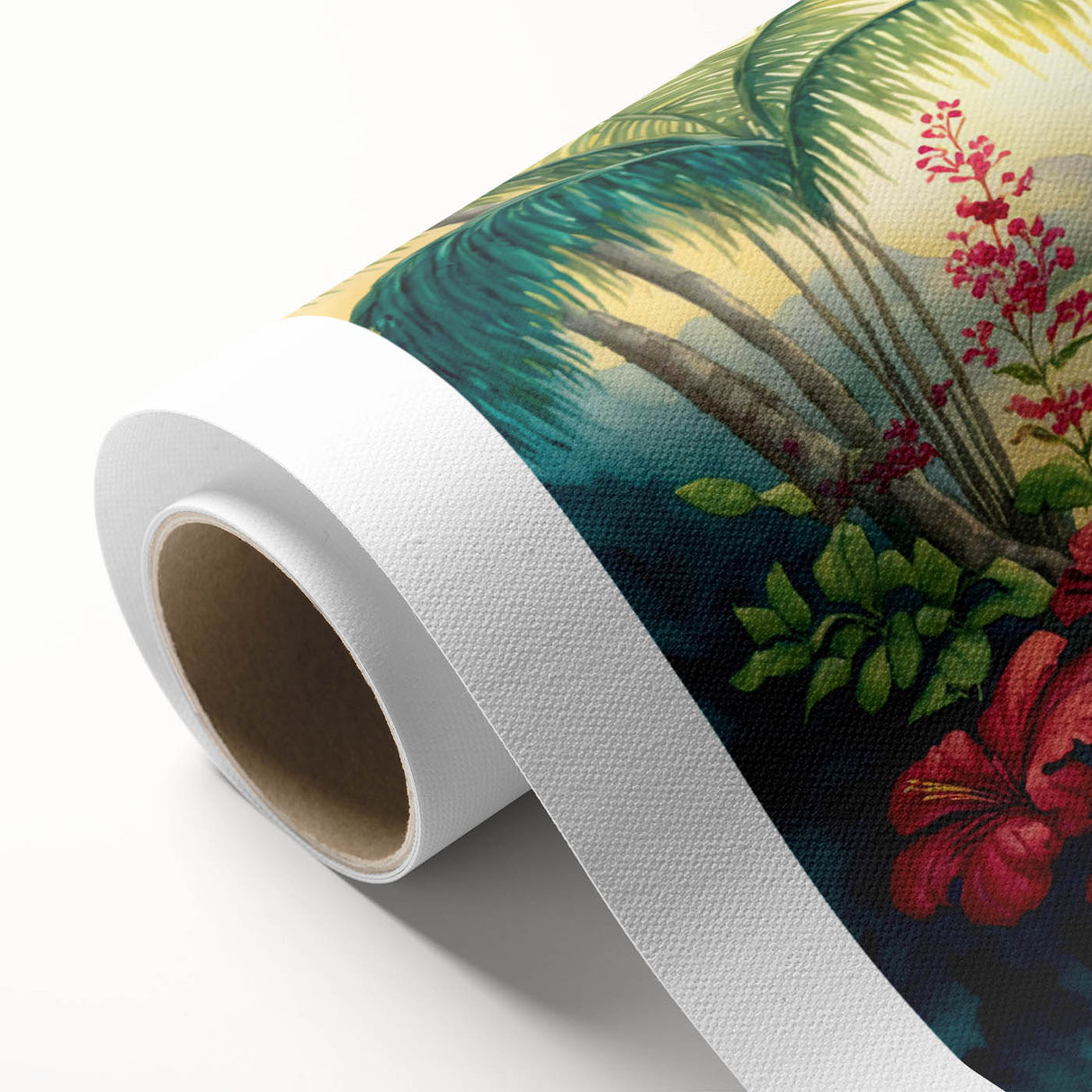 Vibrant rolled canvas artwork depicting a lush rainforest landscape with rich greens and intricate details, ideal for nature-inspired home decor.