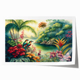 Vibrant rainforest landscape wall art print showcasing lush green foliage and tropical colors, rolled for easy display and shipping in a protective tube.